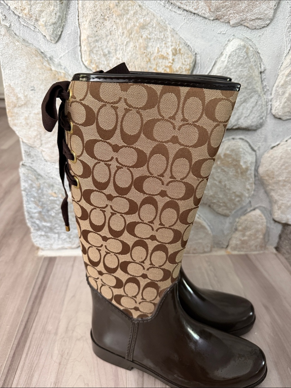 Coach Tristee Brown & Khaki Rainboot Signature Print Canvas-Shiny Rubber Size 10 - Picture 7 of 14